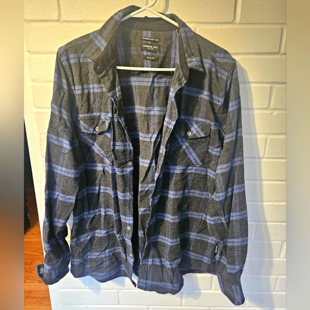 Kenneth Cole Blue and Gray Plaid Button-Up Shirt
